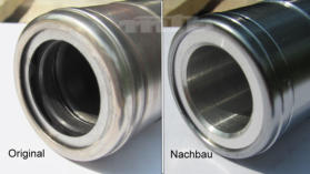 Die meisten Telegabeln haben einen hydraulischen Endanschlag. Das Originalteil hat ein Ringventil welches den Tauchkegel beim Ausfedern sofort freigibt. Bei dem Billigteil, rechts, saugt sich das Rohr im Anschlag fest und gibt das Ausfedern verz�gert frei